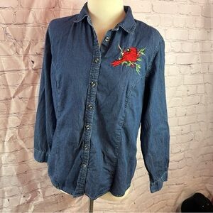 trilogy by morning sun cardinal Embroidered lt wt Denim Button-Up Shirt sz L